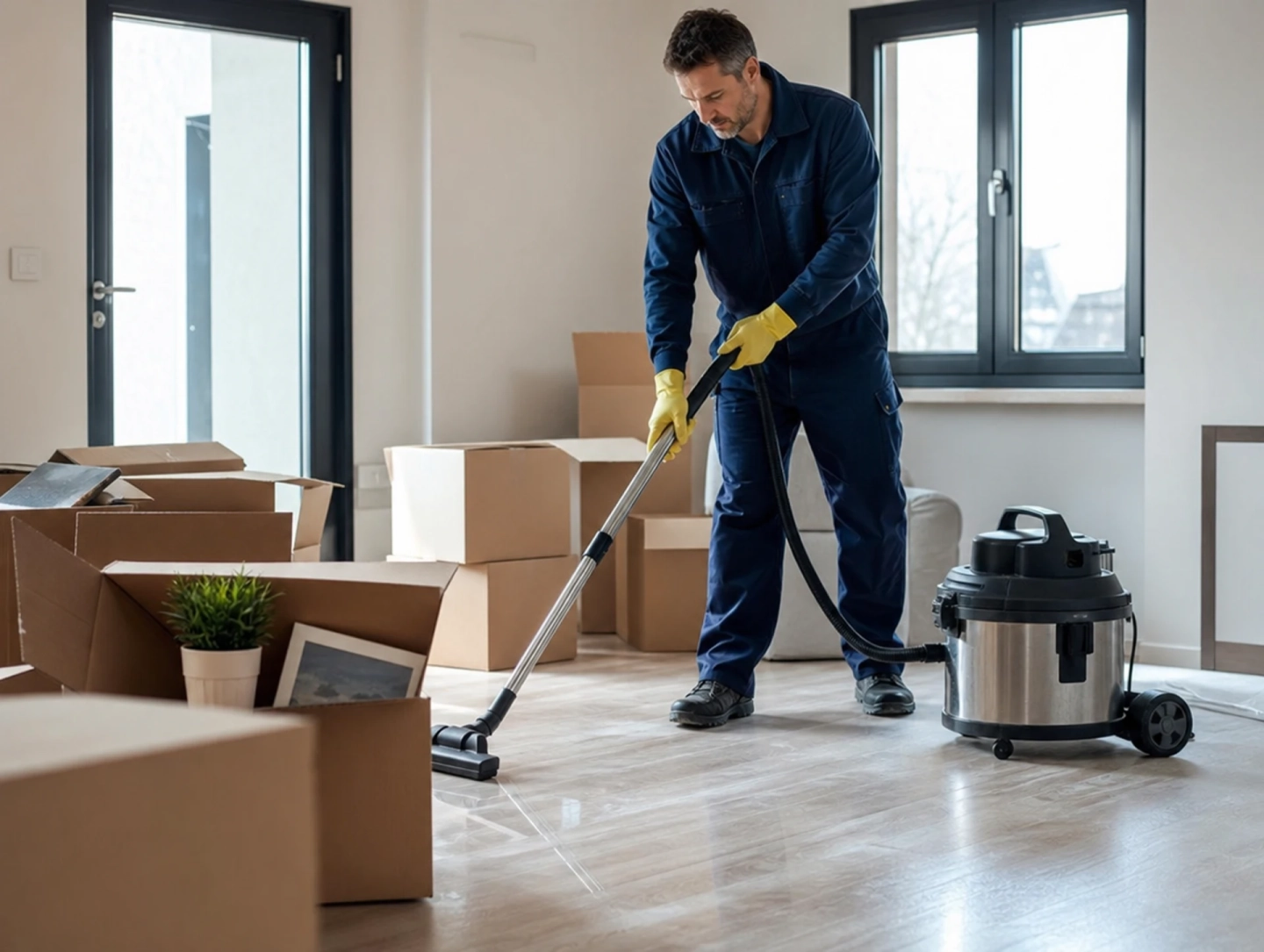 Agent d’entretien passant l’aspirateur entre des cartons de déménagement