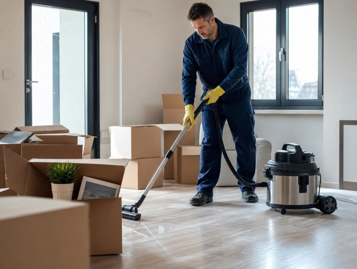 Un intervenant de Centre Services passe l'aspirateur dans un logement au milieu des cartons — ménage de déménagement à Saint-Étienne