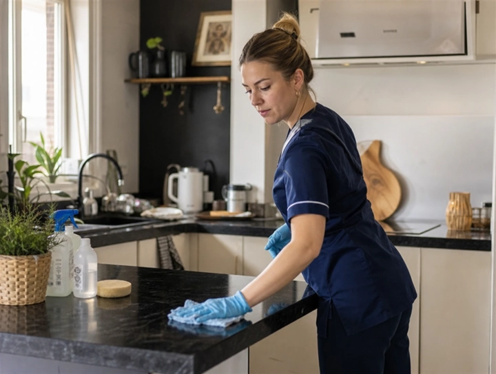 Une intervenante de Centre Services nettoie le plan de travail d'une cuisine — ménage à domicile à Roche-la-Molière