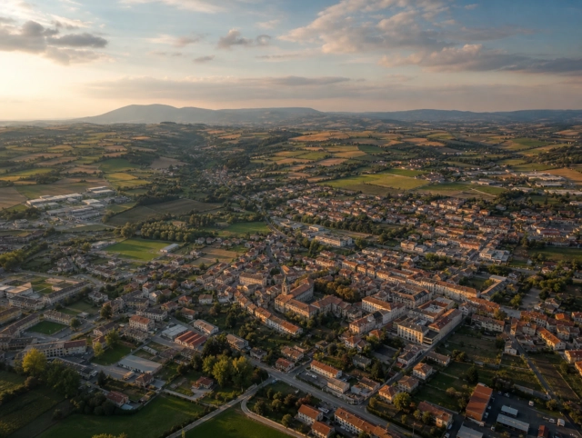 Vue aérienne de Saint-Galmier — secteur d'intervention de Centre Services pour le repassage à domicile